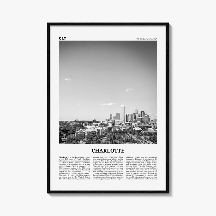 Charlotte no. 2 black & white newspaper poster of North Carolina, USA – vertical wall art, unframed print shown in interior m