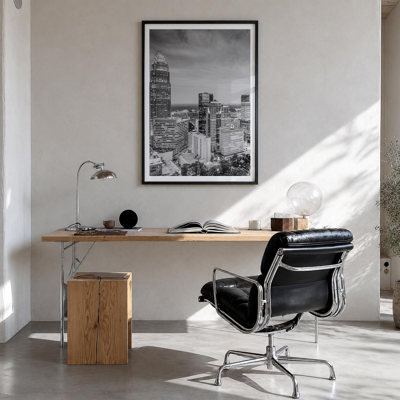 Charlotte no. 2 black & white photo poster of North Carolina, USA – vertical wall art in black wood frame with white border, 