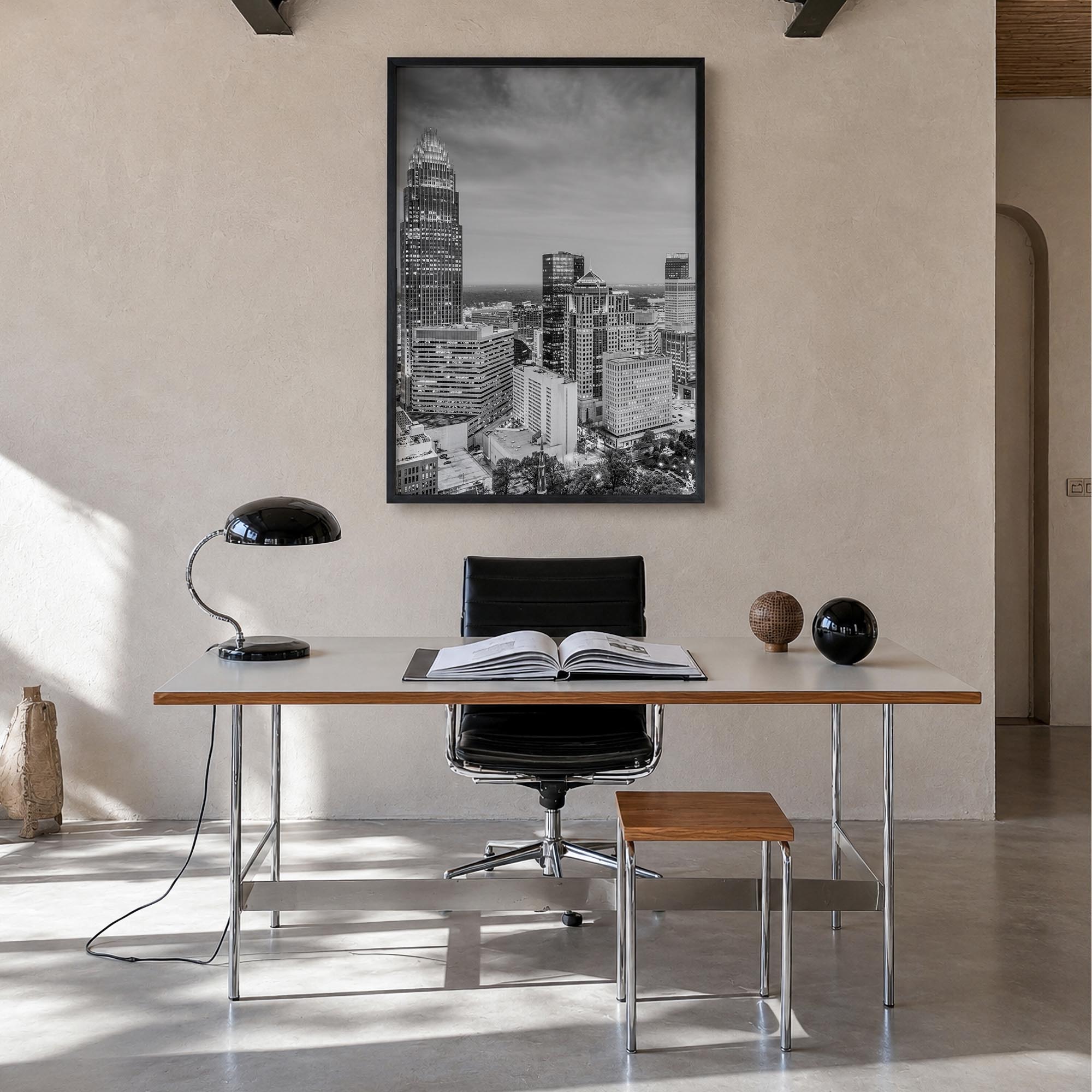 Charlotte no. 2 black & white photo poster of North Carolina, USA – vertical wall art in black wood frame, hanging on wall