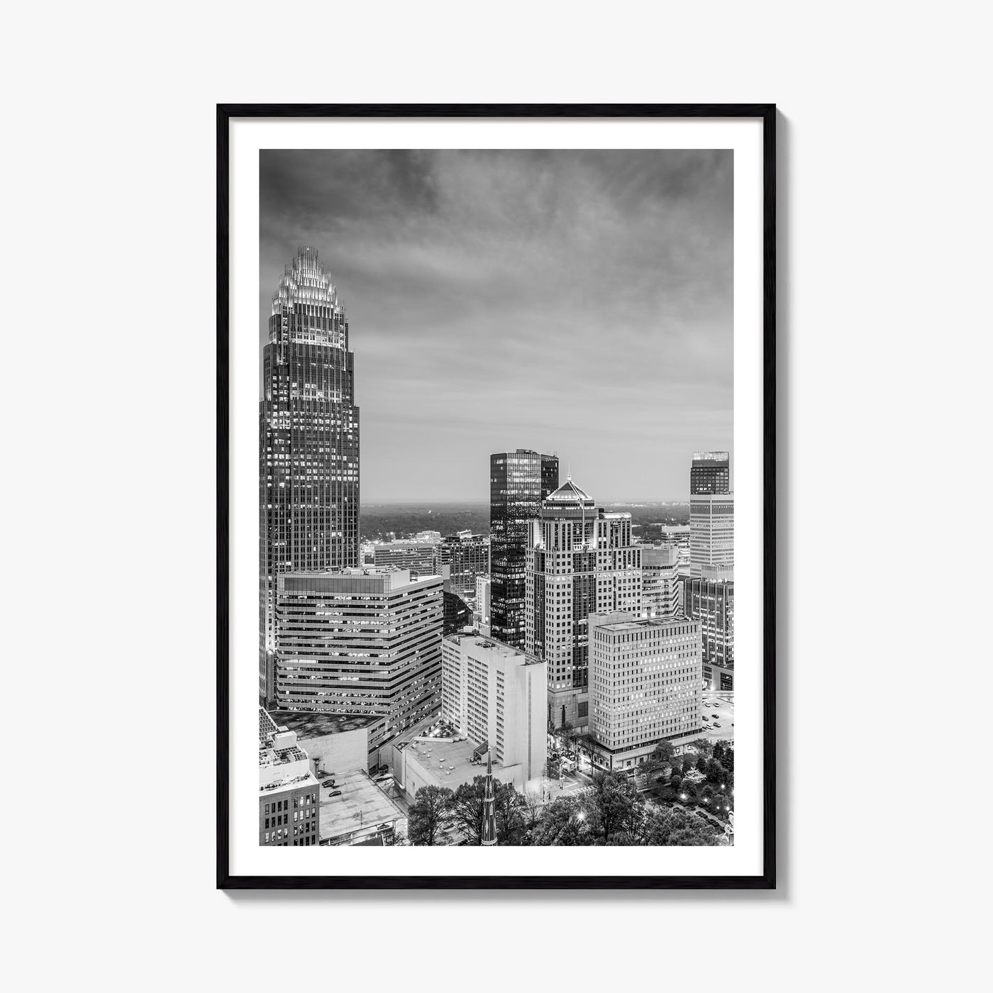 Charlotte no. 2 black & white photo poster of North Carolina, USA – vertical wall art, unframed print shown in interior mocku