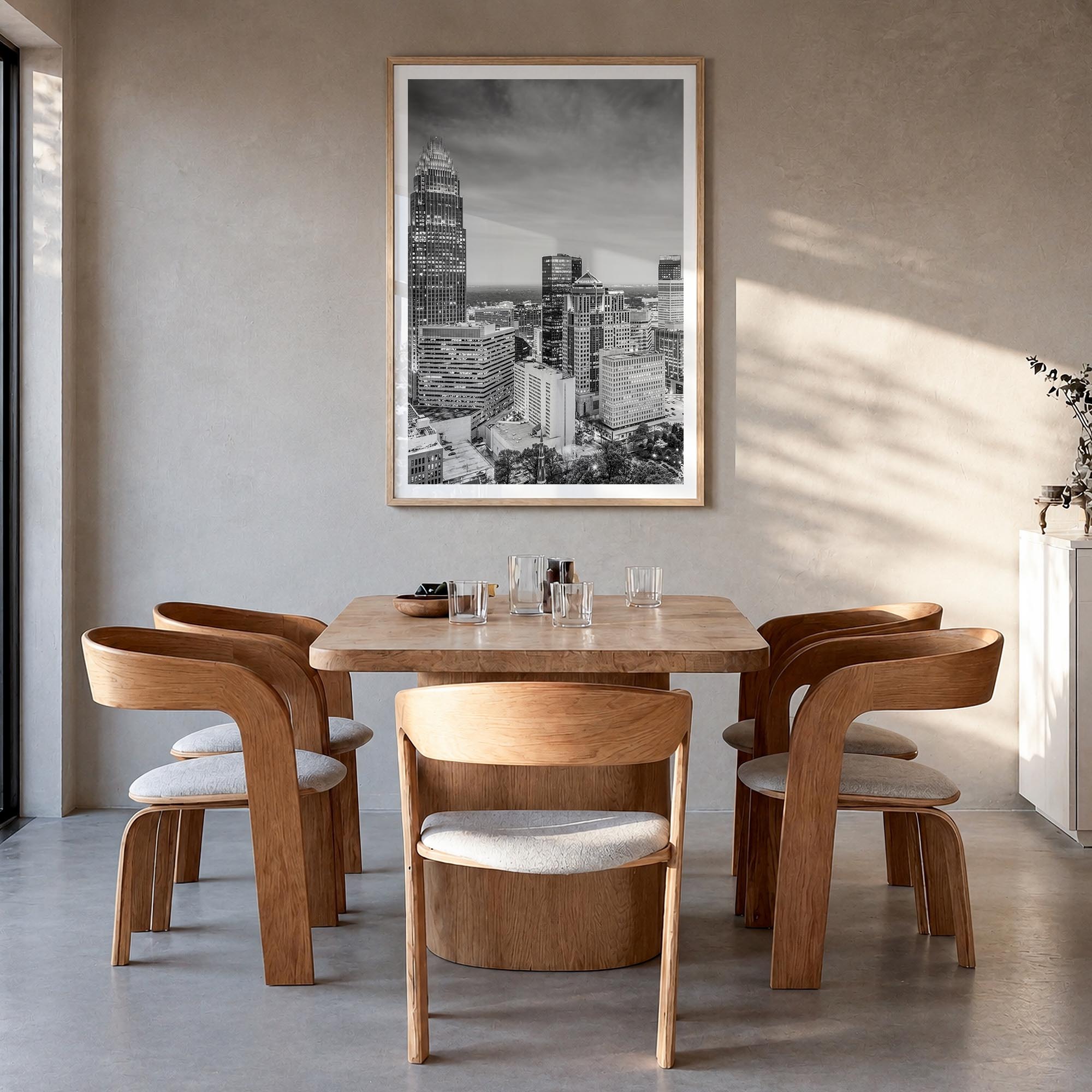 Charlotte no. 2 black & white photo poster of North Carolina, USA – vertical wall art in natural wood frame with white border