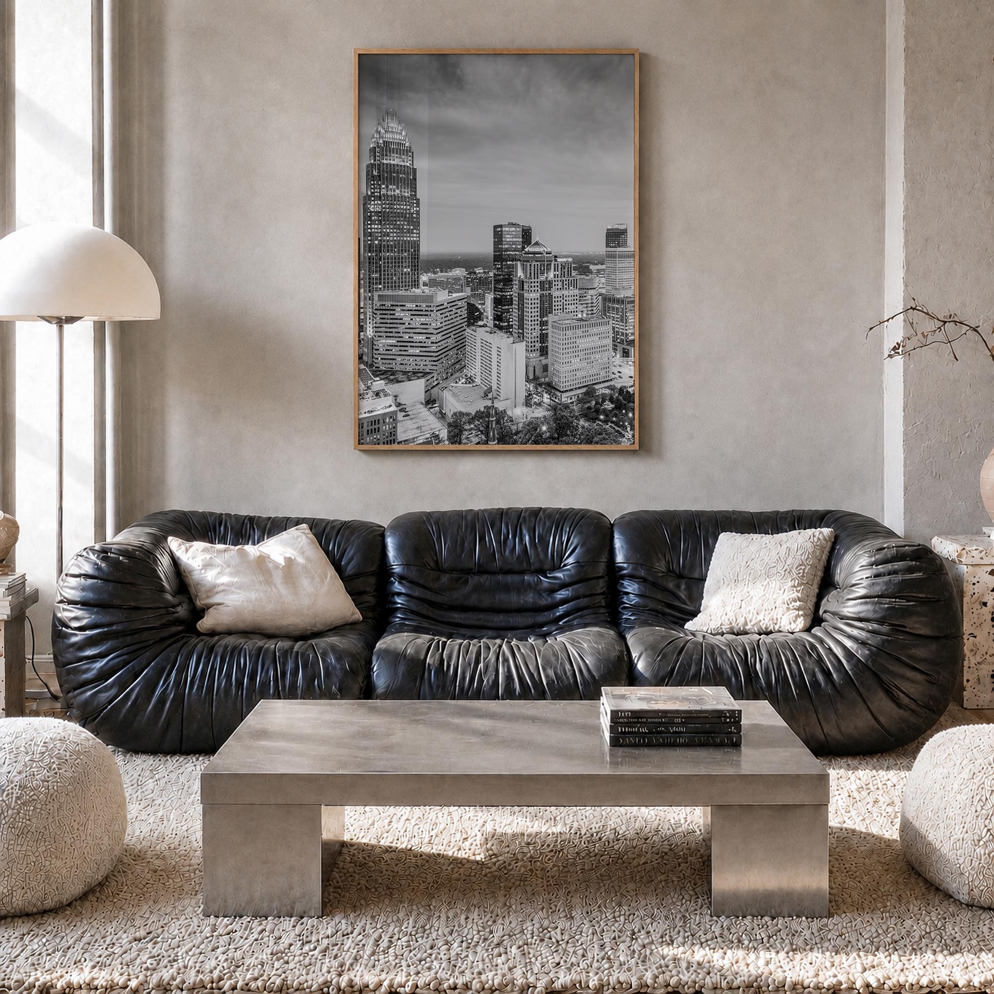Charlotte no. 2 black & white photo poster of North Carolina, USA – vertical wall art in natural wood frame, hanging on wall