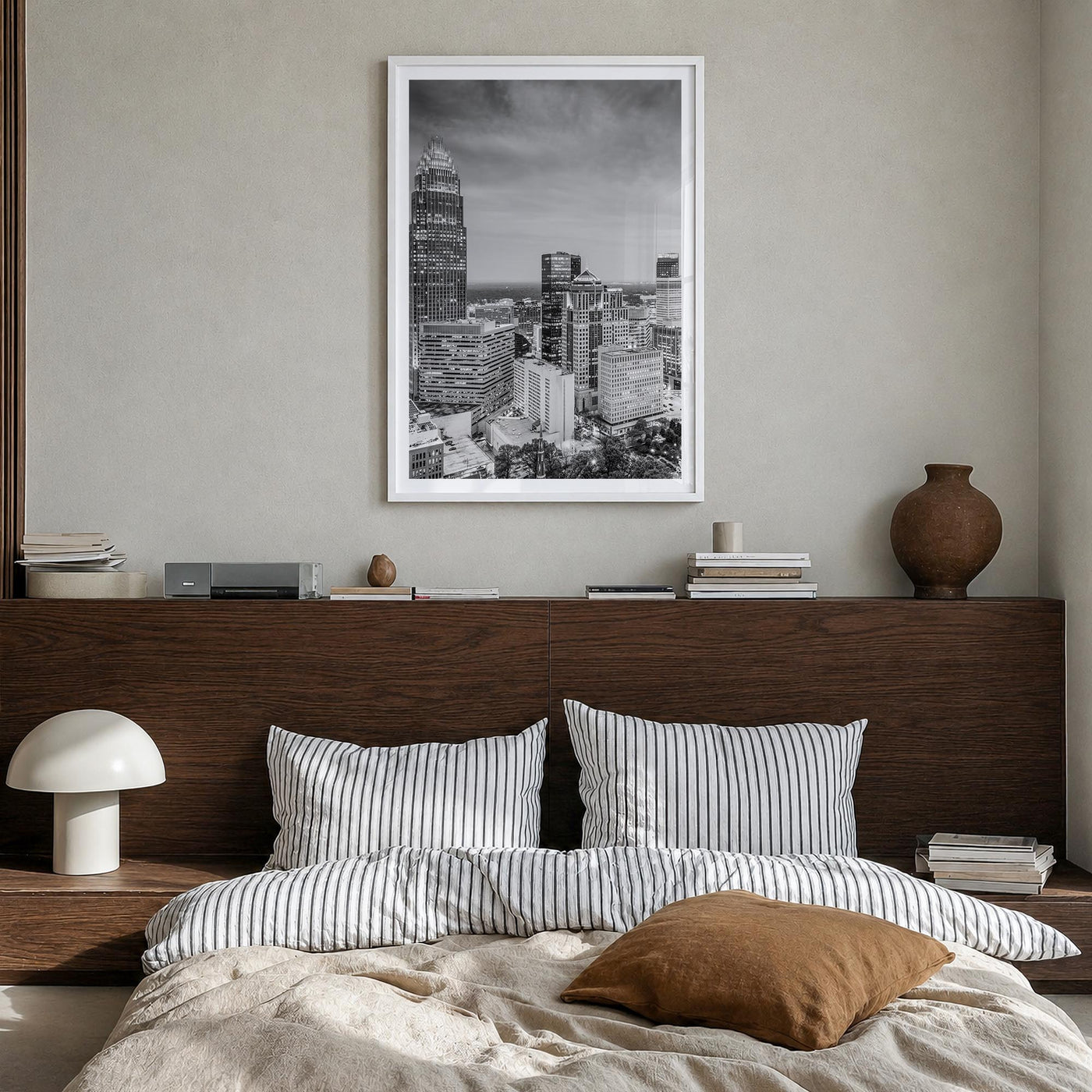 Charlotte no. 2 black & white photo poster of North Carolina, USA – vertical wall art in white wood frame with white border, 