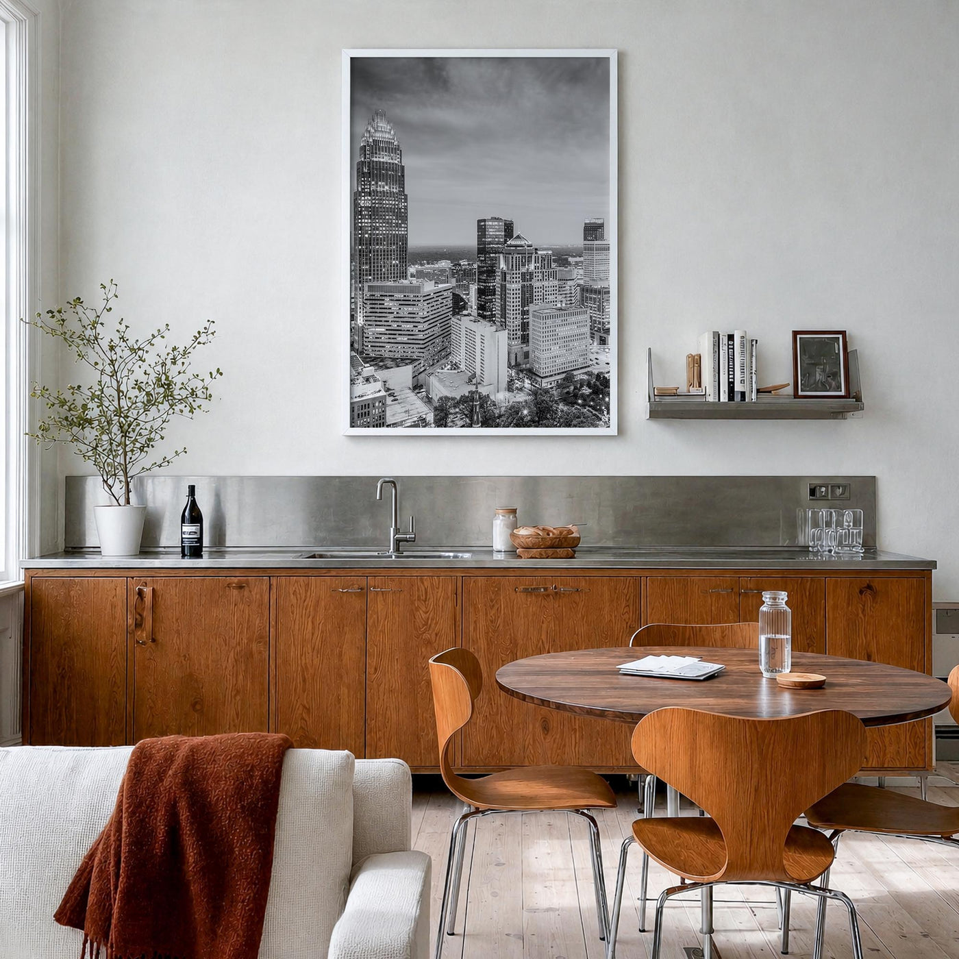 Charlotte no. 2 black & white photo poster of North Carolina, USA – vertical wall art in white wood frame, hanging on wall