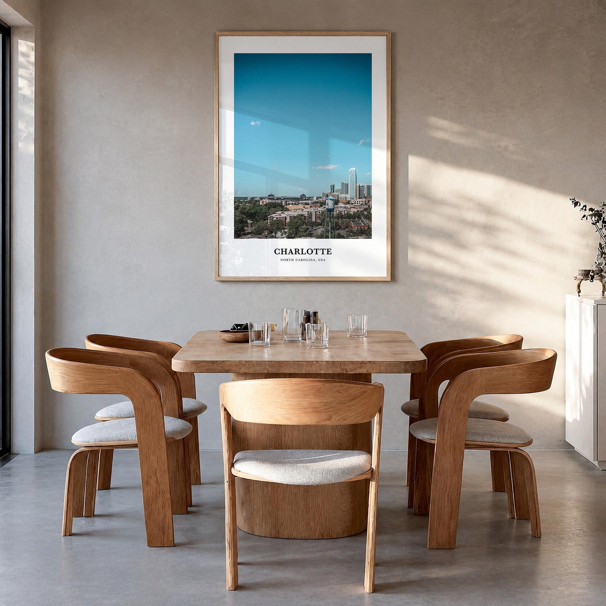 Charlotte no. 2 colorful classic poster of North Carolina, USA – vertical wall art in natural wood frame, hanging on wall