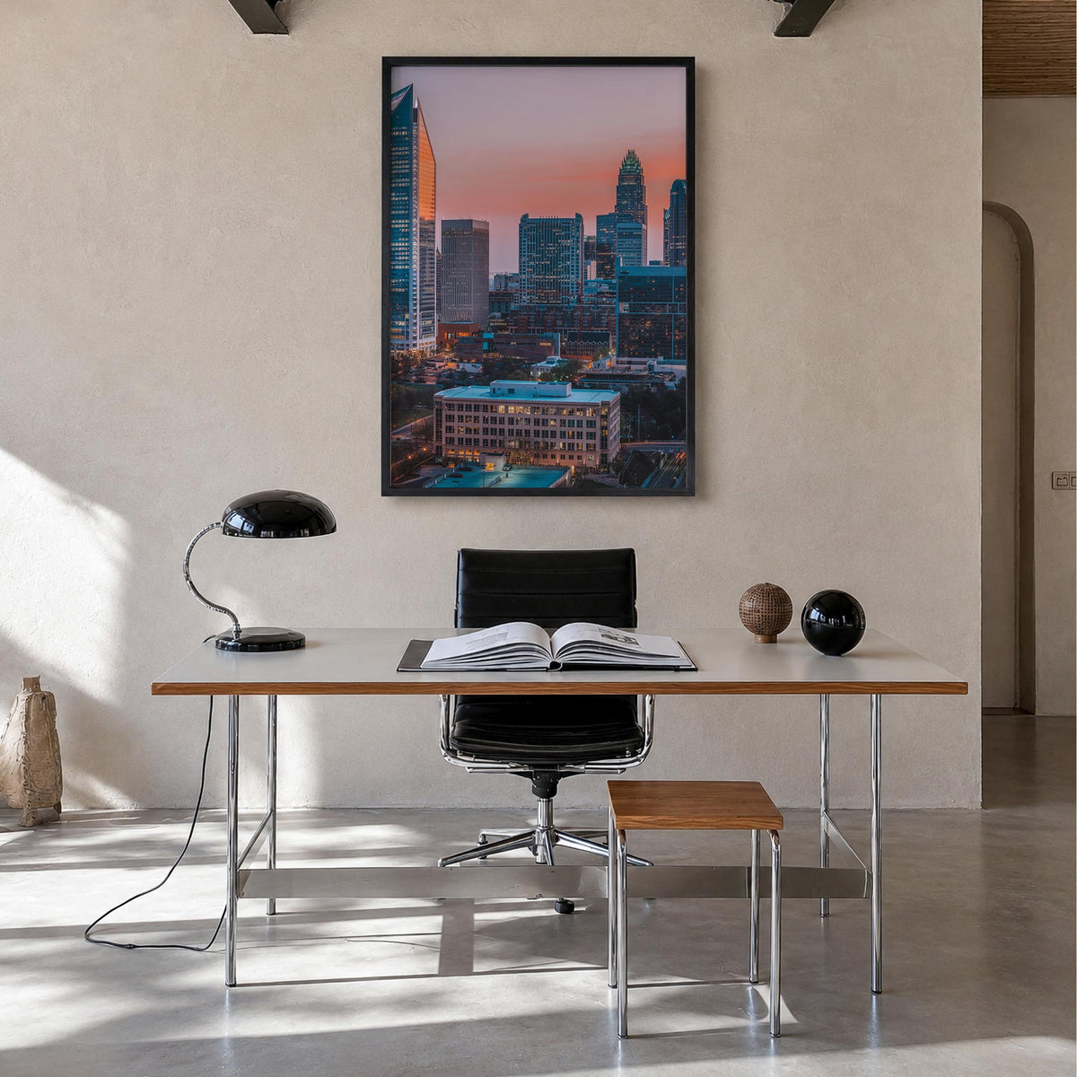 Charlotte no. 2 colorful photo poster of North Carolina, USA – vertical wall art in black wood frame, hanging on wall