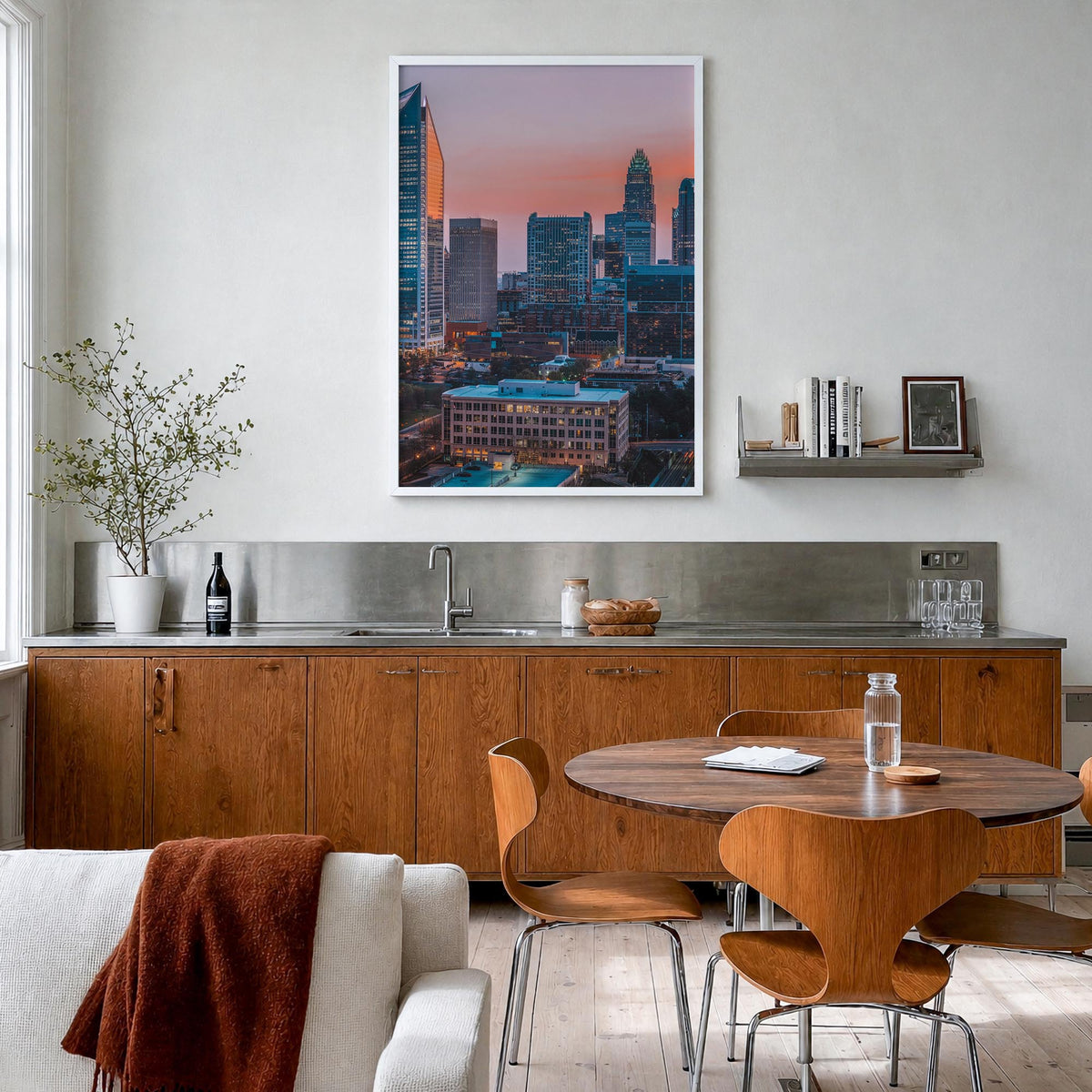 Charlotte no. 2 colorful photo poster of North Carolina, USA – vertical wall art in white wood frame, hanging on wall