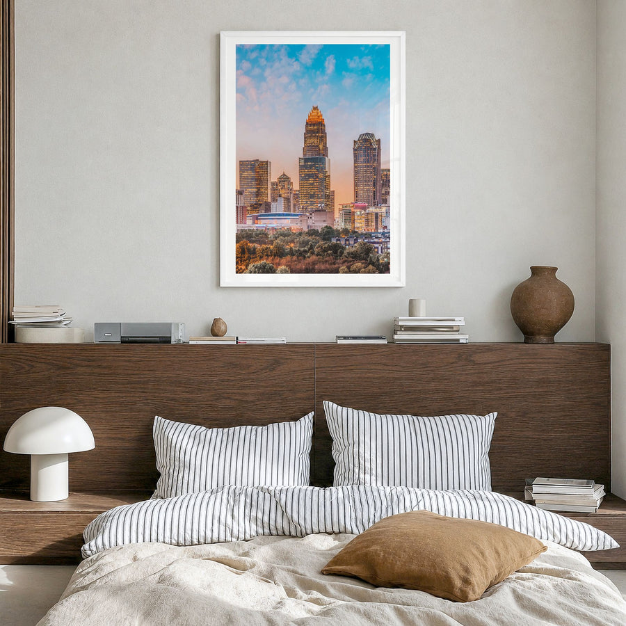 Charlotte Photo No 1 Poster in a white wood frame, hanging in a bedroom, white border
