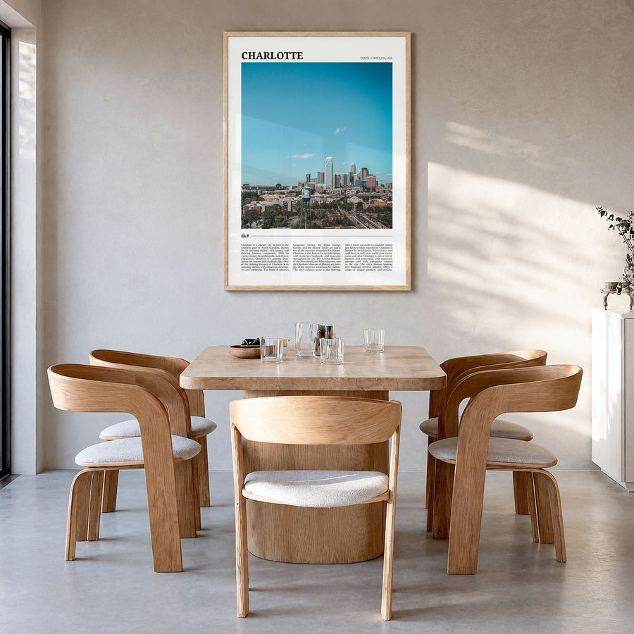 Charlotte Travel No 1 Poster in a natural wood frame, hanging in a dining room