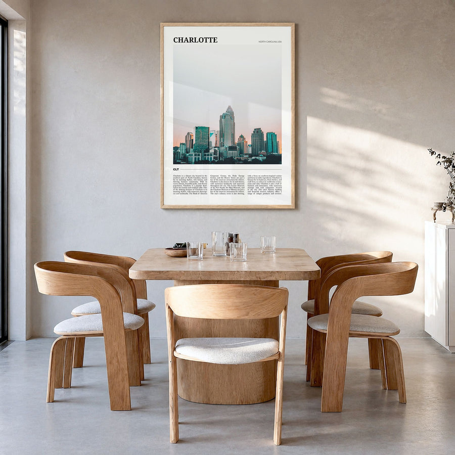 Charlotte Travel No 2 Poster in a natural wood frame, hanging in a dining room