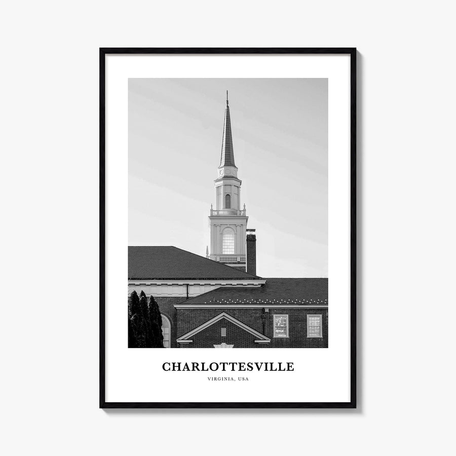 Charlottesville black & white classic poster of Virginia, USA – vertical wall art, unframed print shown in interior mockup