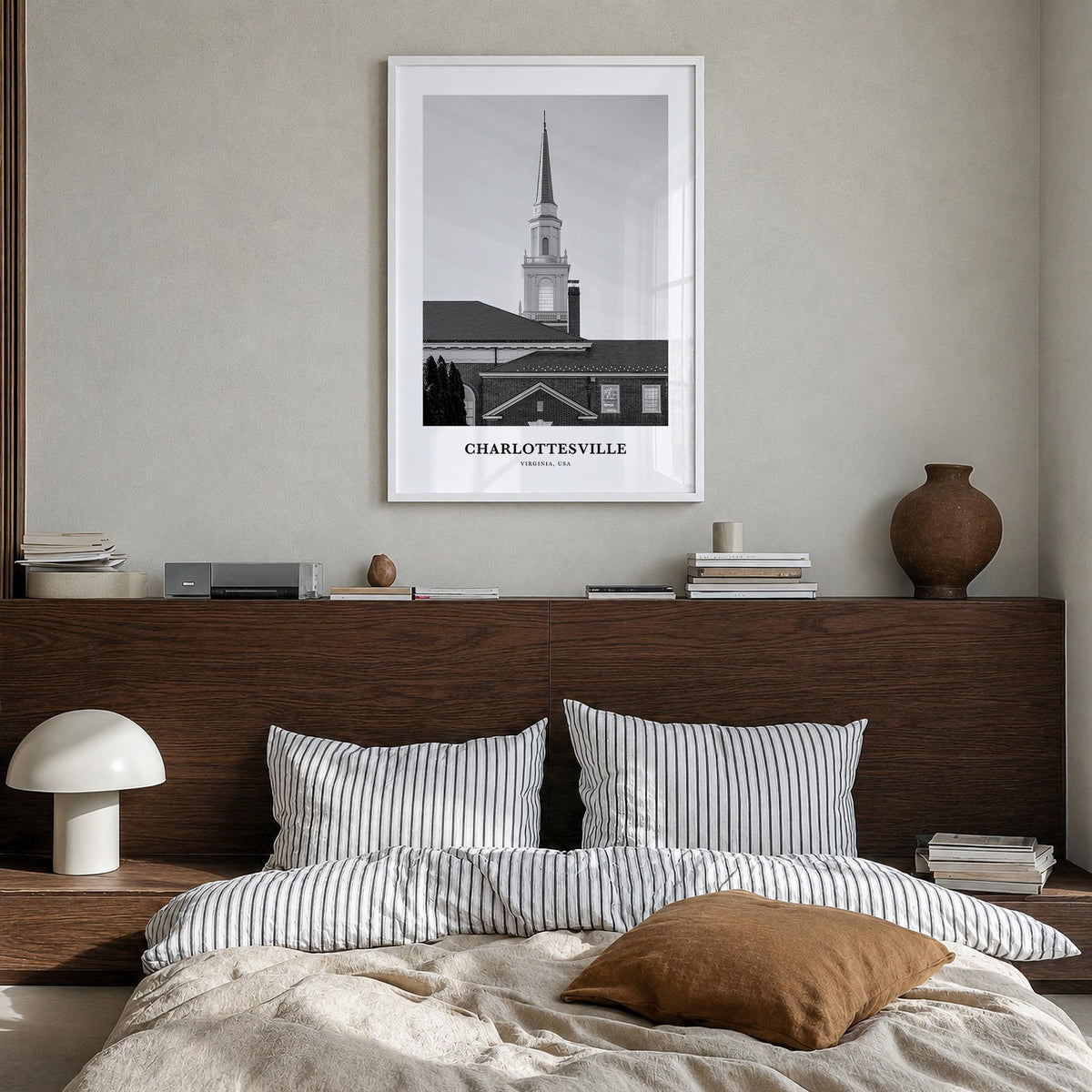 Charlottesville black & white classic poster of Virginia, USA – vertical wall art in white wood frame, hanging on wall