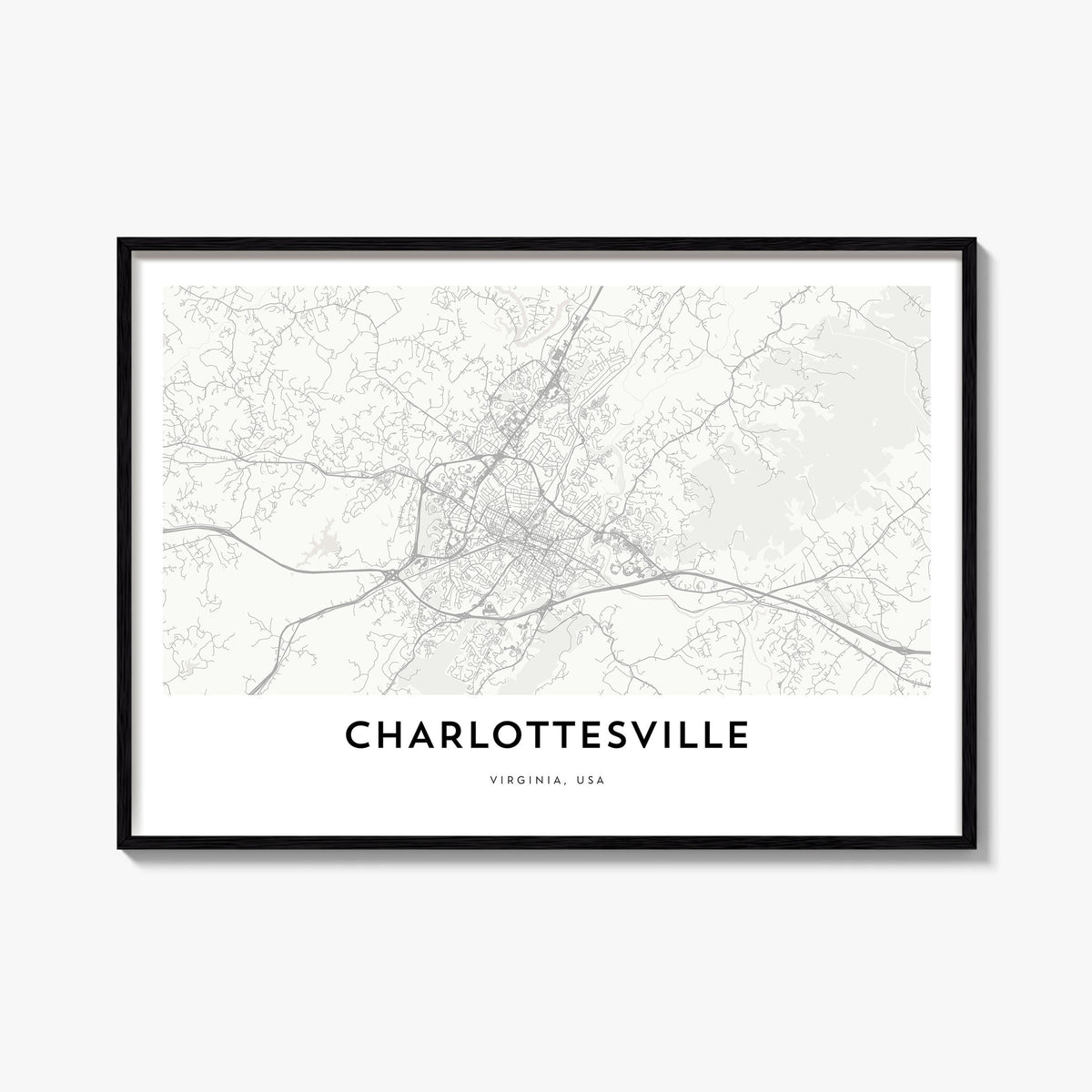 Charlottesville black & white map poster of Virginia, USA – horizontal wall art, unframed print shown in interior mockup