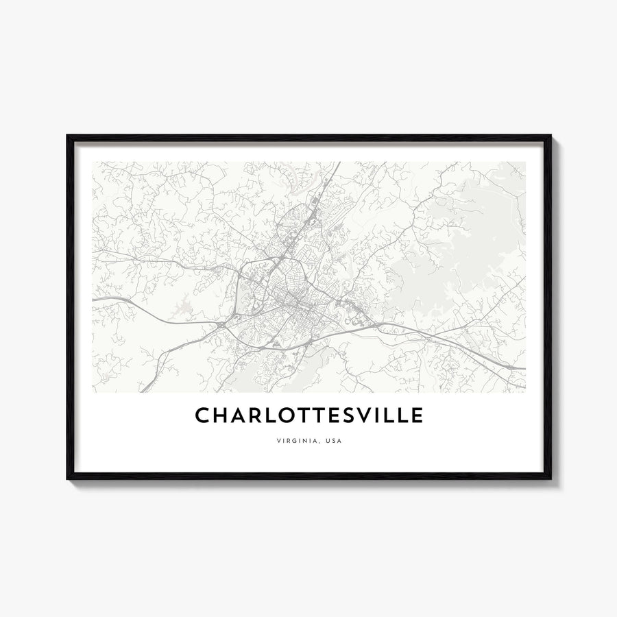Charlottesville black & white map poster of Virginia, USA – horizontal wall art, unframed print shown in interior mockup