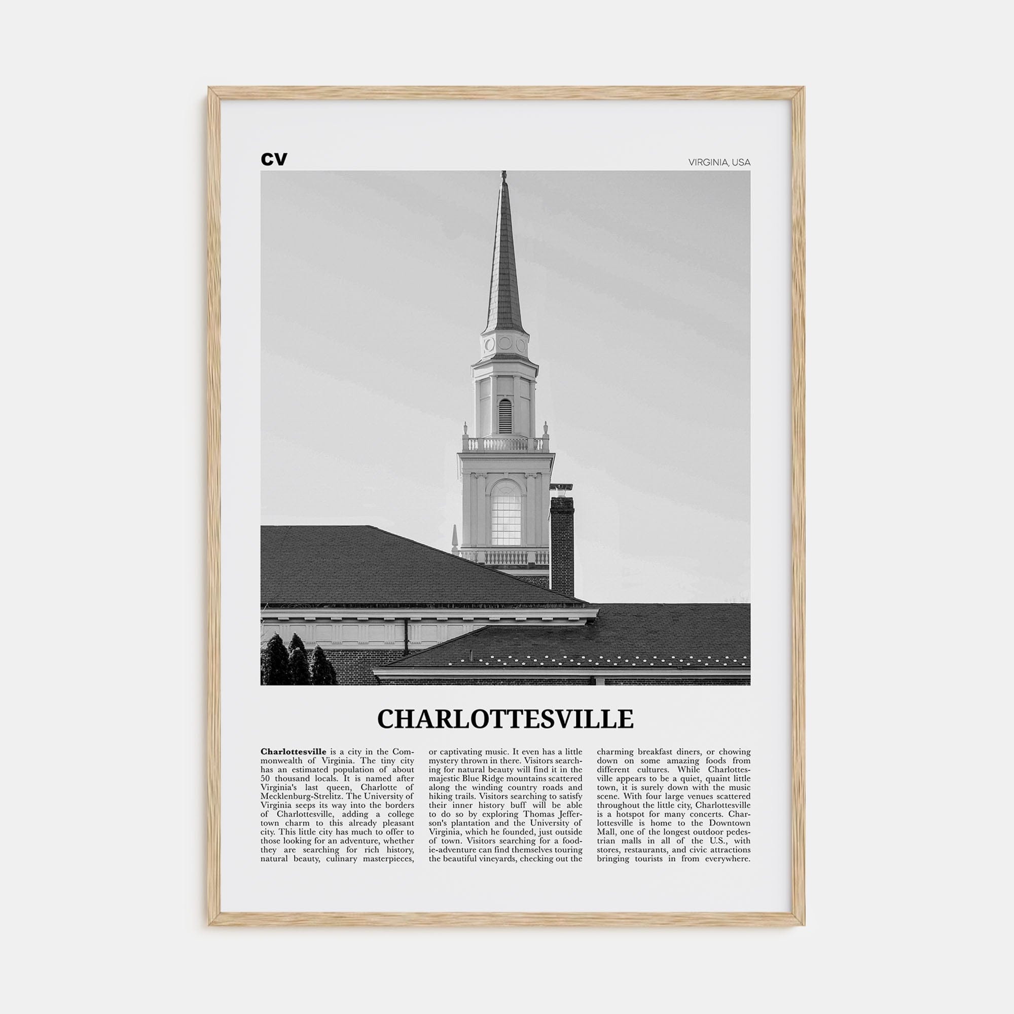 Charlottesville No 1 Poster Natural Wood / 8x12 in Nbourhood Travel B&W Poster