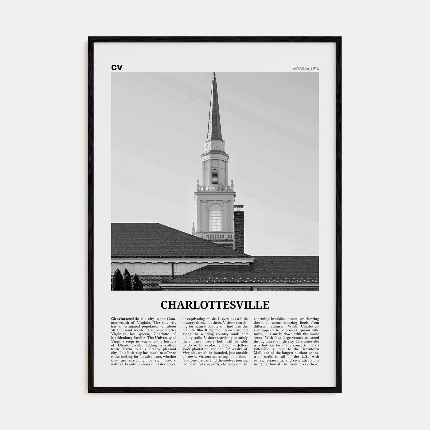 Charlottesville No 1 Poster Black Wood / 8x12 in Nbourhood Travel B&W Poster