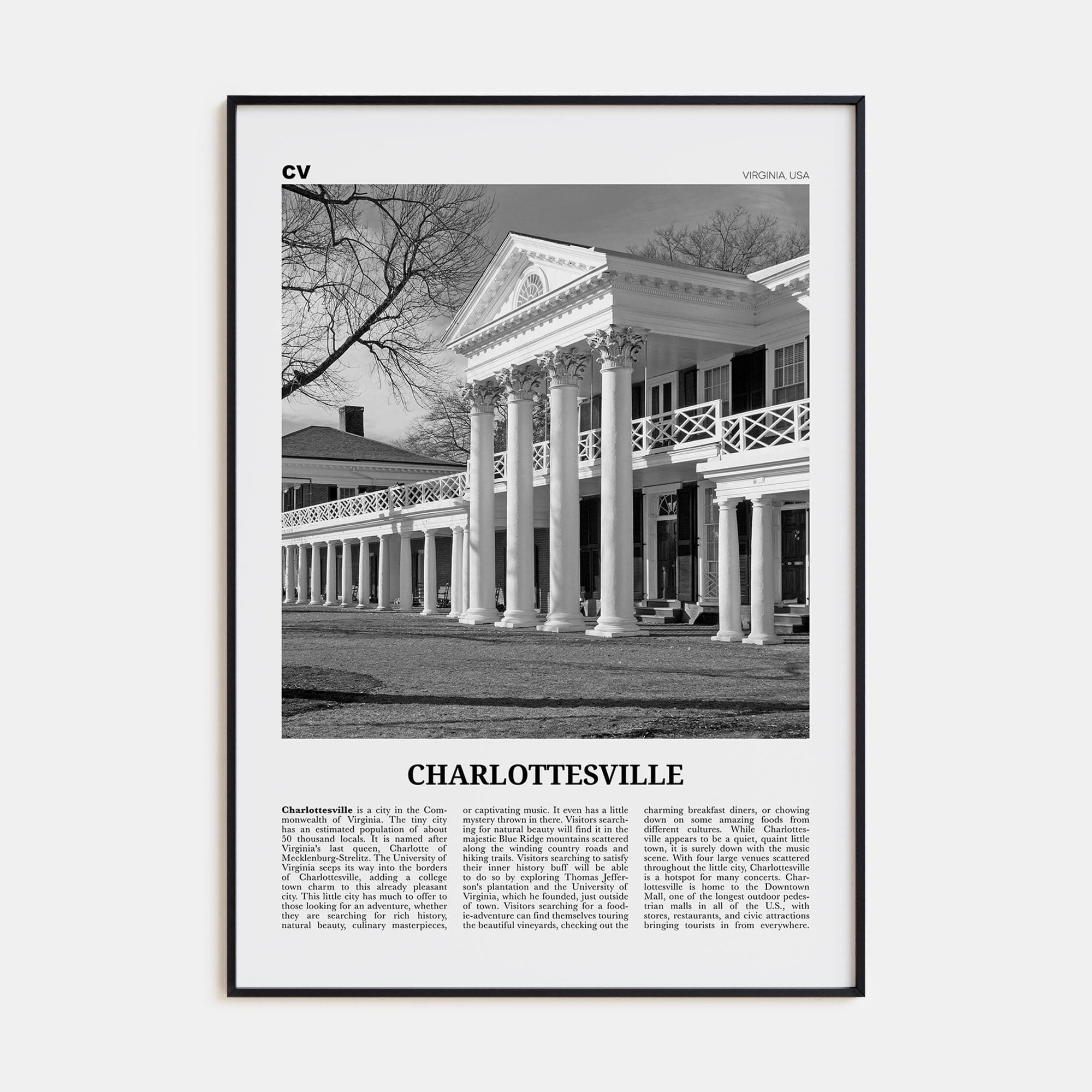 Charlottesville No 2 Poster None / 8x12 in Nbourhood Travel B&W Poster