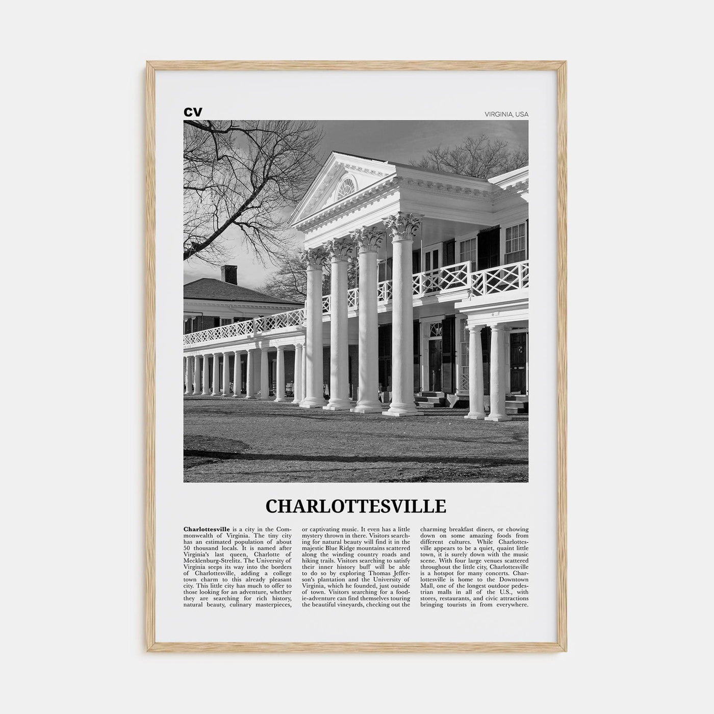 Charlottesville No 2 Poster Natural Wood / 8x12 in Nbourhood Travel B&W Poster