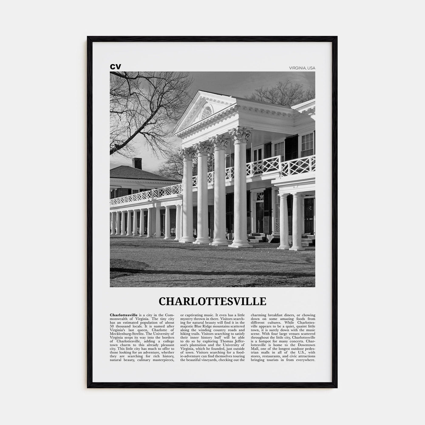 Charlottesville No 2 Poster Black Wood / 8x12 in Nbourhood Travel B&W Poster