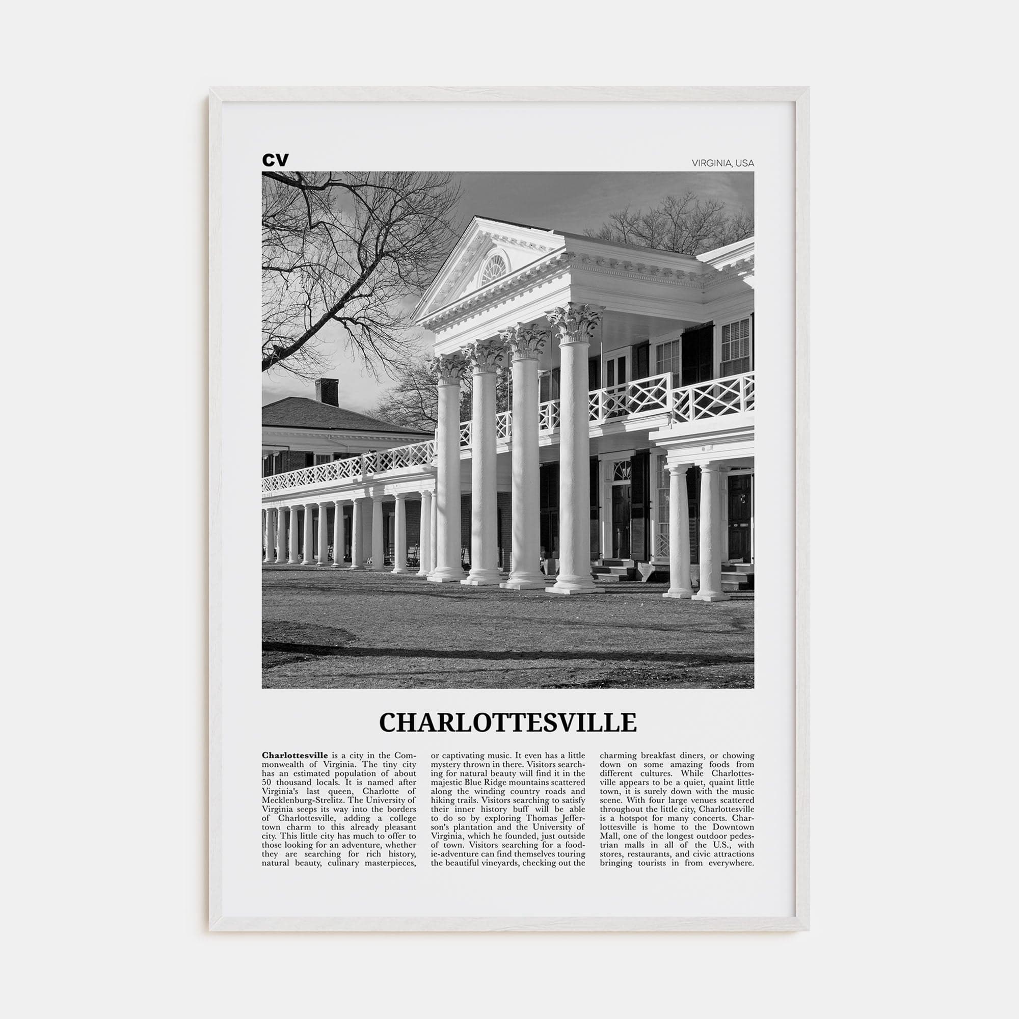 Charlottesville No 2 Poster White Wood / 8x12 in Nbourhood Travel B&W Poster