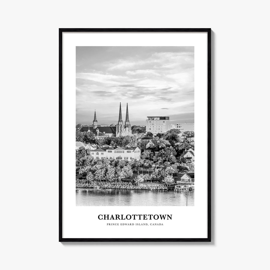 Charlottetown black & white classic poster of Canada – vertical wall art, unframed print shown in interior mockup