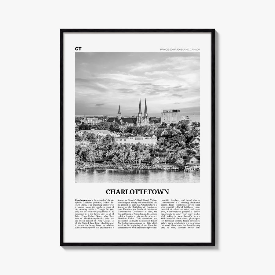 Charlottetown black & white newspaper poster of Canada – vertical wall art, unframed print shown in interior mockup