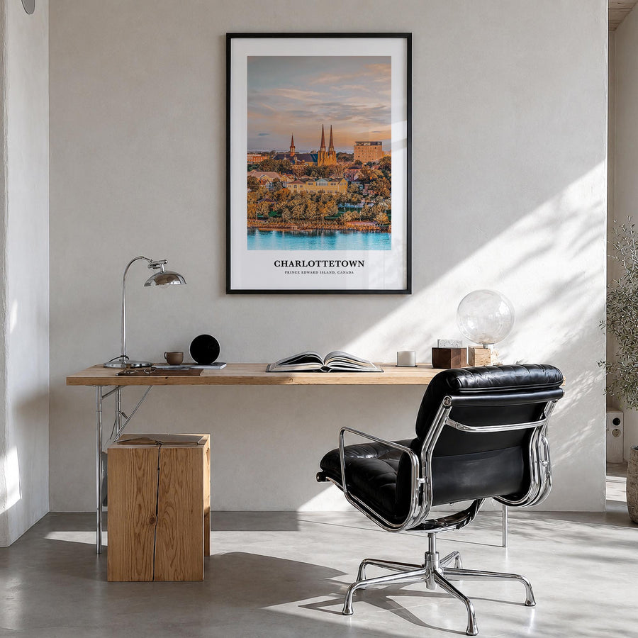 Charlottetown colorful classic poster of Canada – vertical wall art in black wood frame, hanging on wall