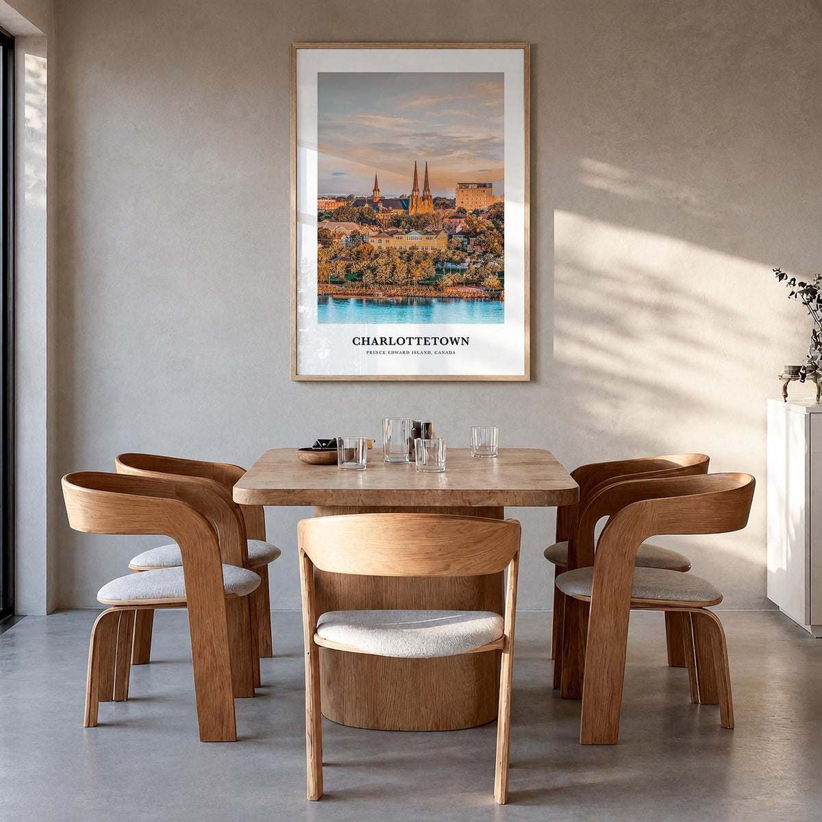 Charlottetown colorful classic poster of Canada – vertical wall art in natural wood frame, hanging on wall