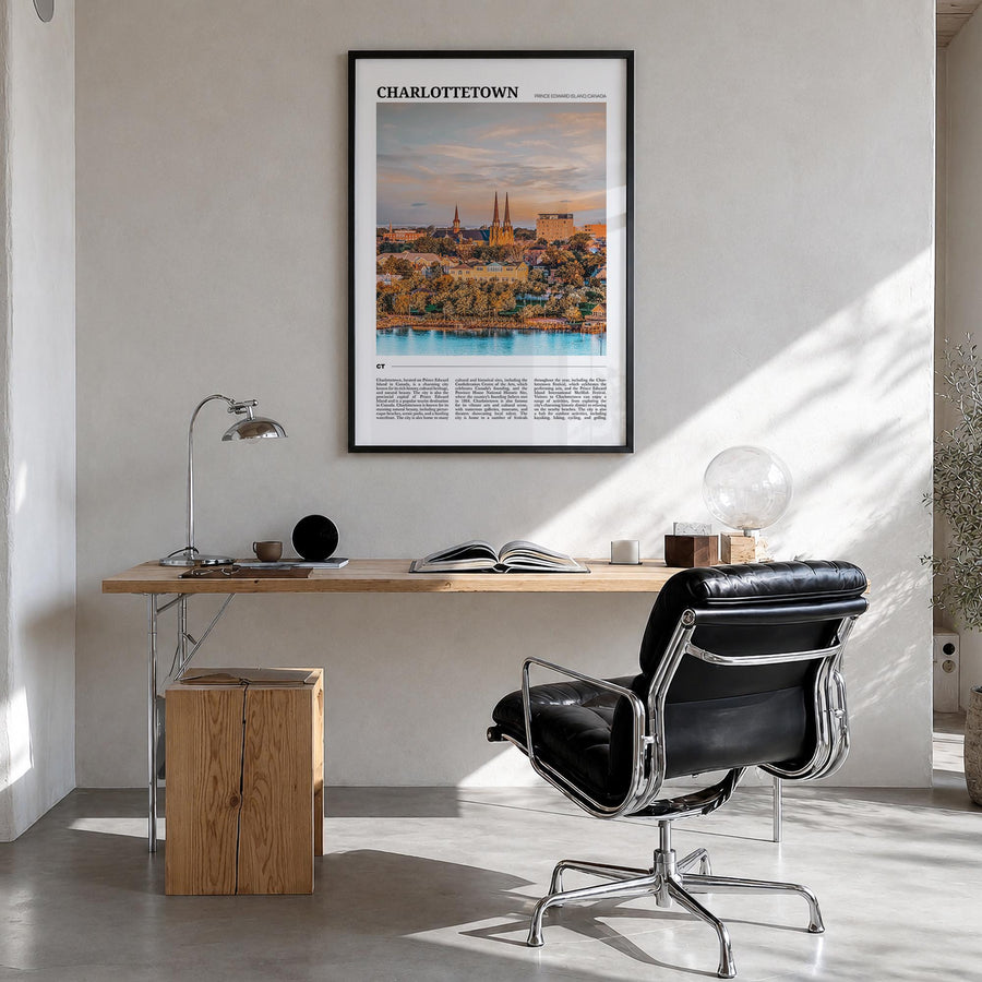 Charlottetown colorful travel poster of Canada – vertical wall art in black wood frame, hanging on wall