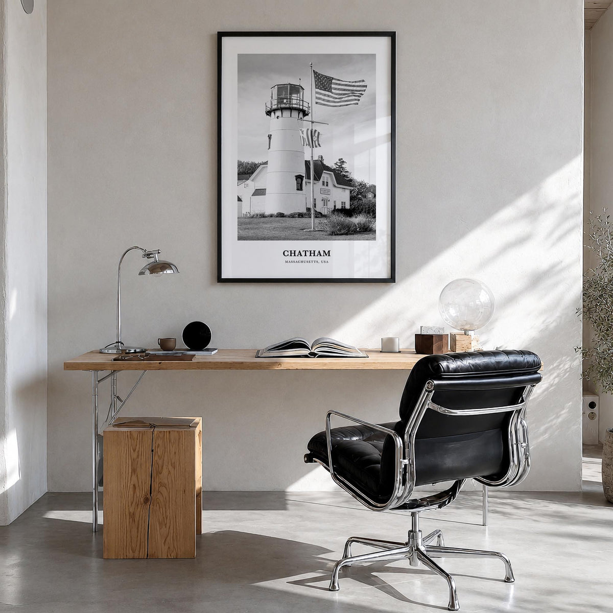 Chatham black & white classic poster of Massachusetts, USA – vertical wall art in black wood frame, hanging on wall