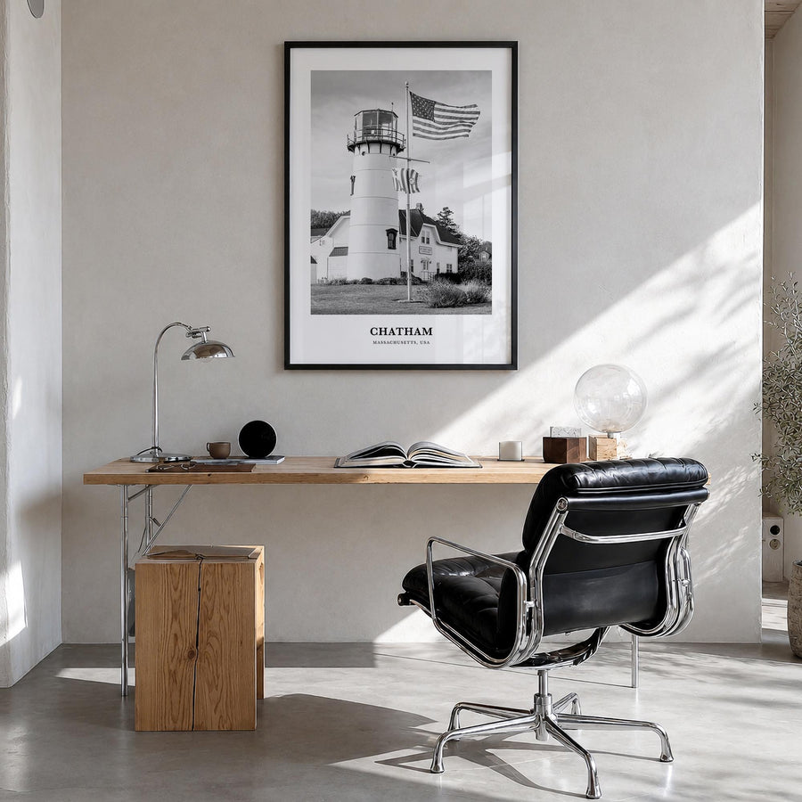 Chatham black & white classic poster of Massachusetts, USA – vertical wall art in black wood frame, hanging on wall