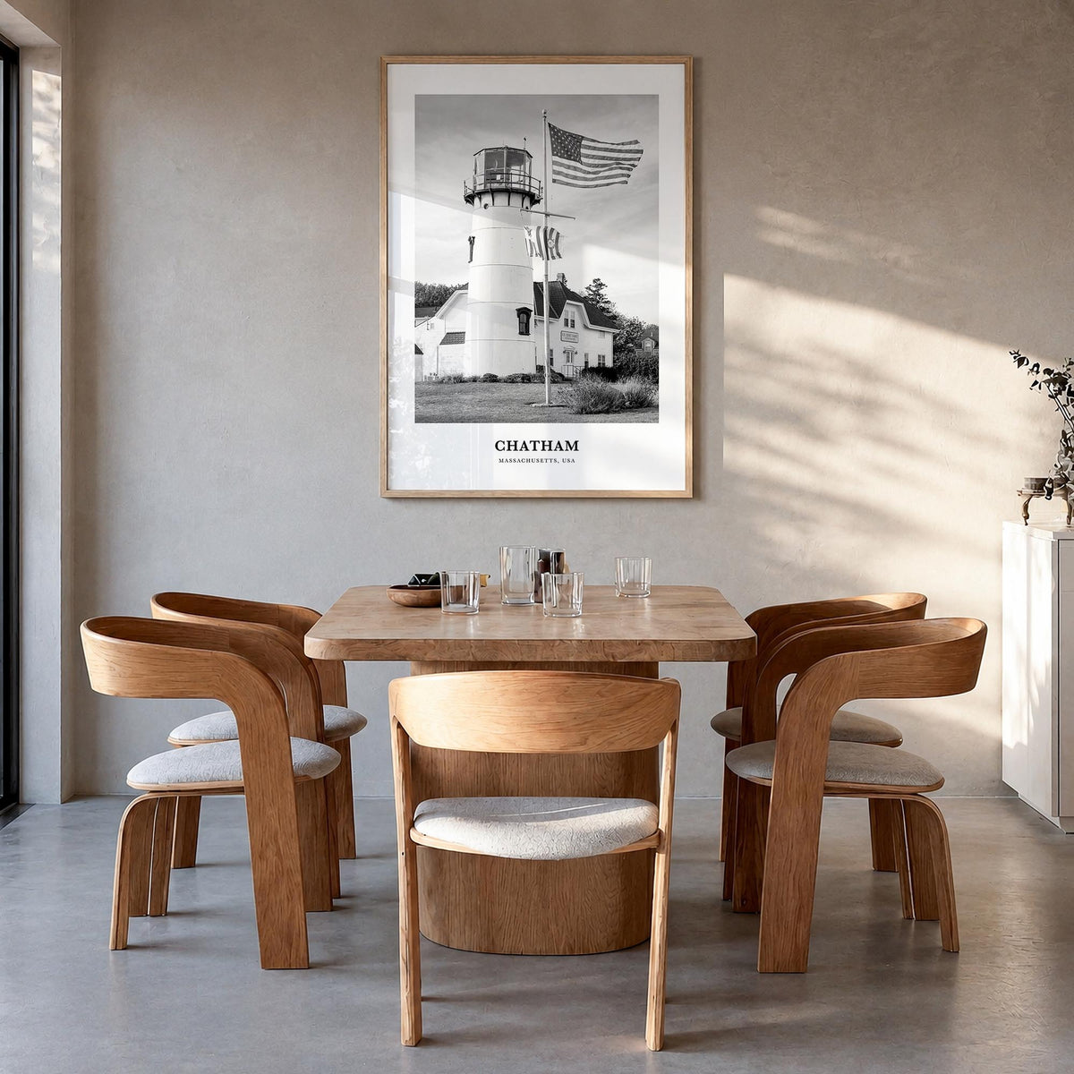 Chatham black & white classic poster of Massachusetts, USA – vertical wall art in natural wood frame, hanging on wall