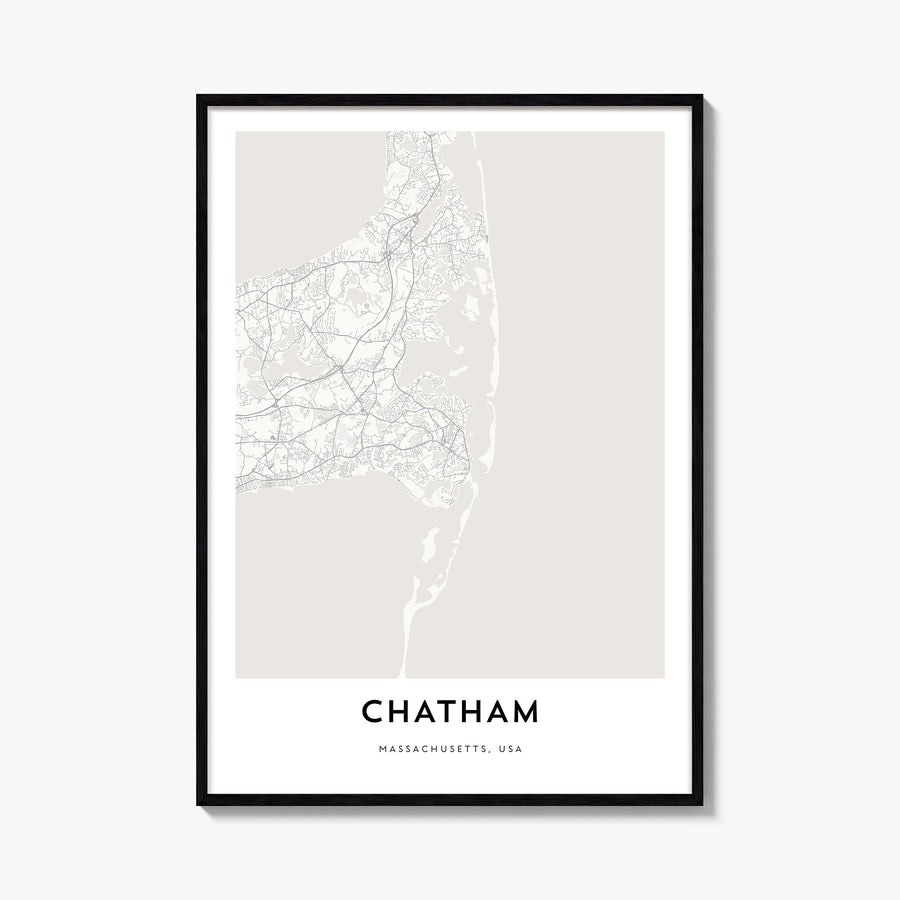 Chatham black & white map poster of Massachusetts, USA – vertical wall art, unframed print shown in interior mockup