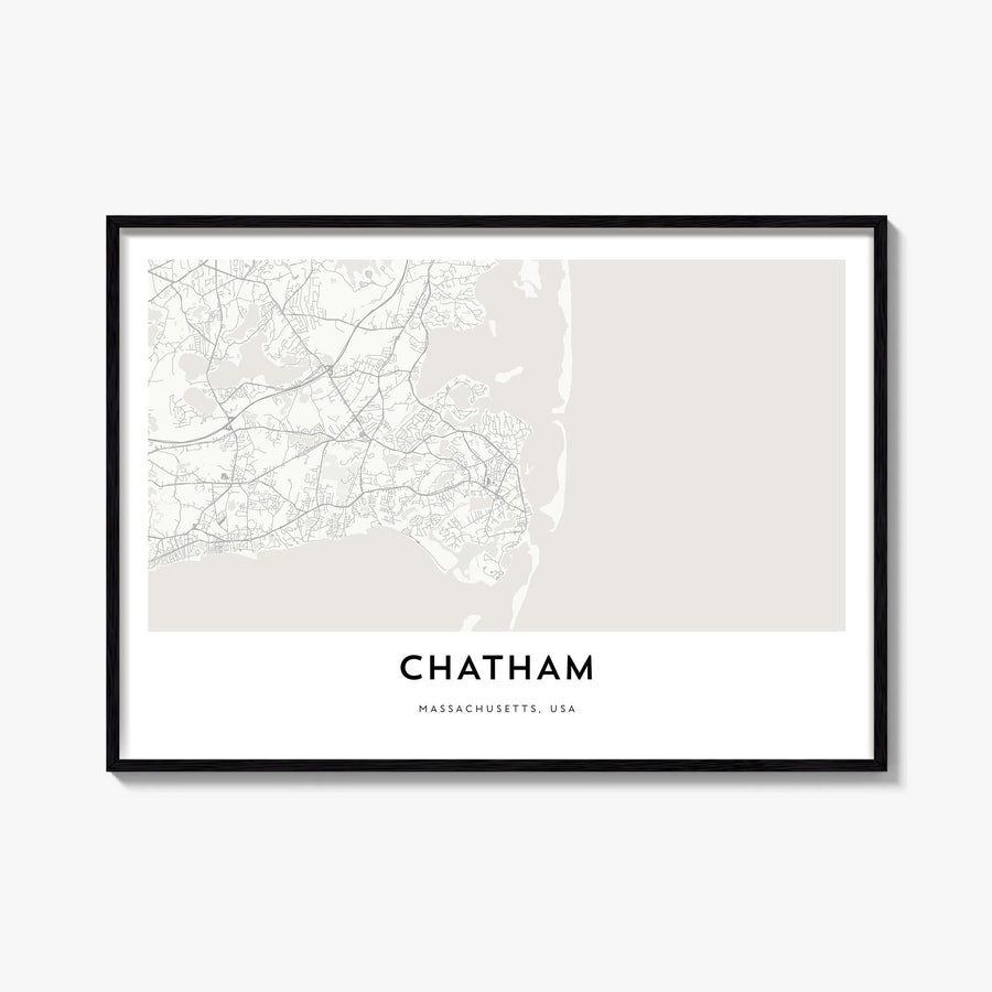 Chatham black & white map poster of Massachusetts, USA – horizontal wall art, unframed print shown in interior mockup