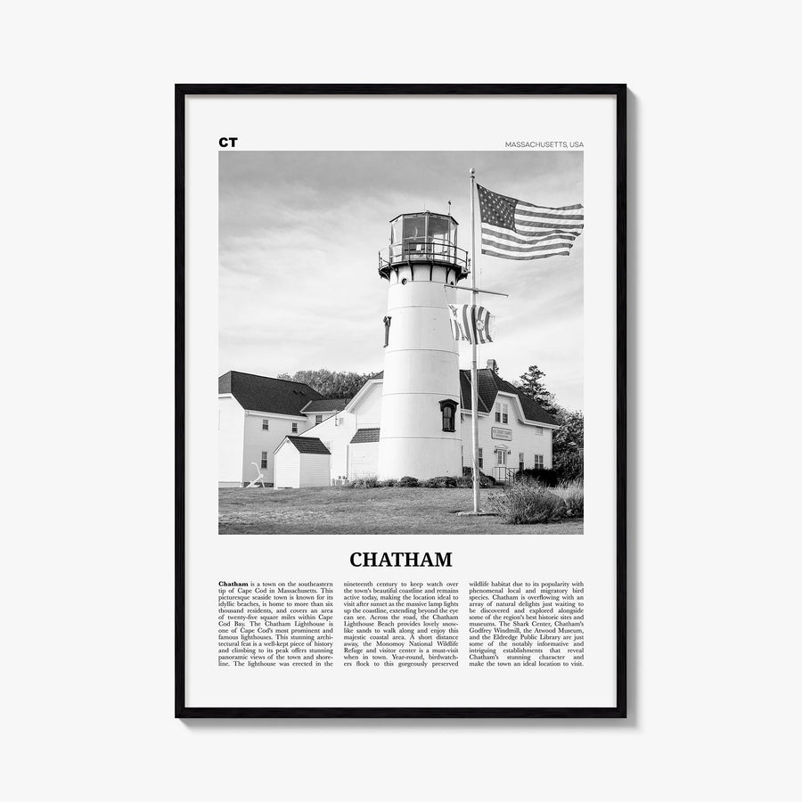 Chatham black & white newspaper poster of Massachusetts, USA – vertical wall art, unframed print shown in interior mockup