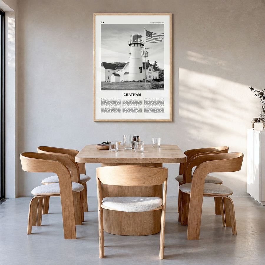 Chatham Newspaper Poster in a natural wood frame, hanging in a dining room