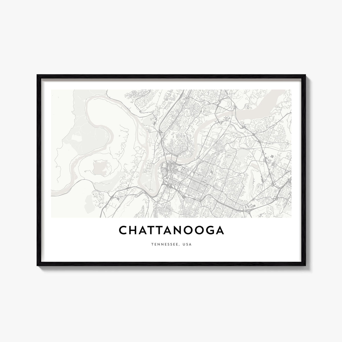 Chattanooga black & white map poster of Tennessee, USA – horizontal wall art, unframed print shown in interior mockup