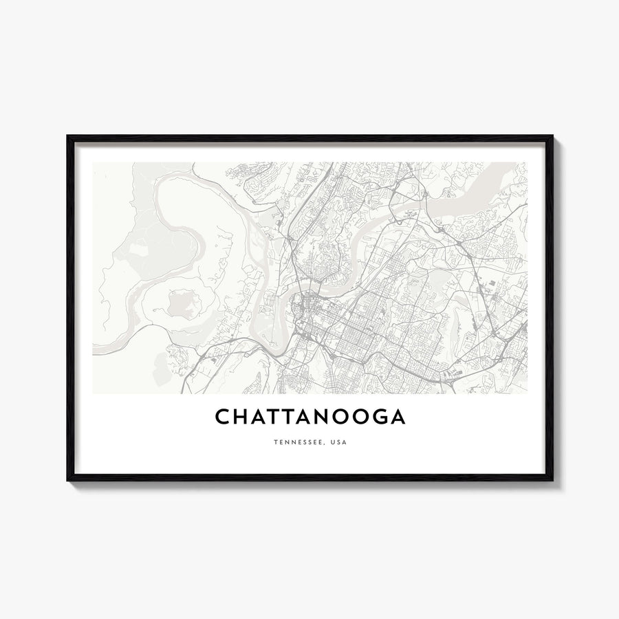 Chattanooga black & white map poster of Tennessee, USA – horizontal wall art, unframed print shown in interior mockup