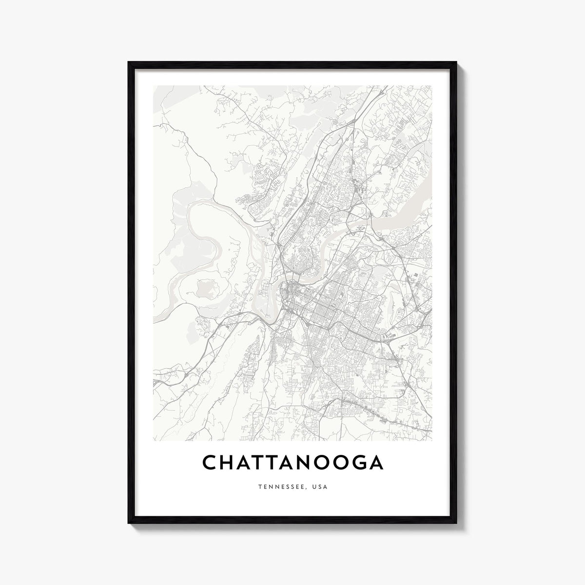 Chattanooga black & white map poster of Tennessee, USA – vertical wall art, unframed print shown in interior mockup