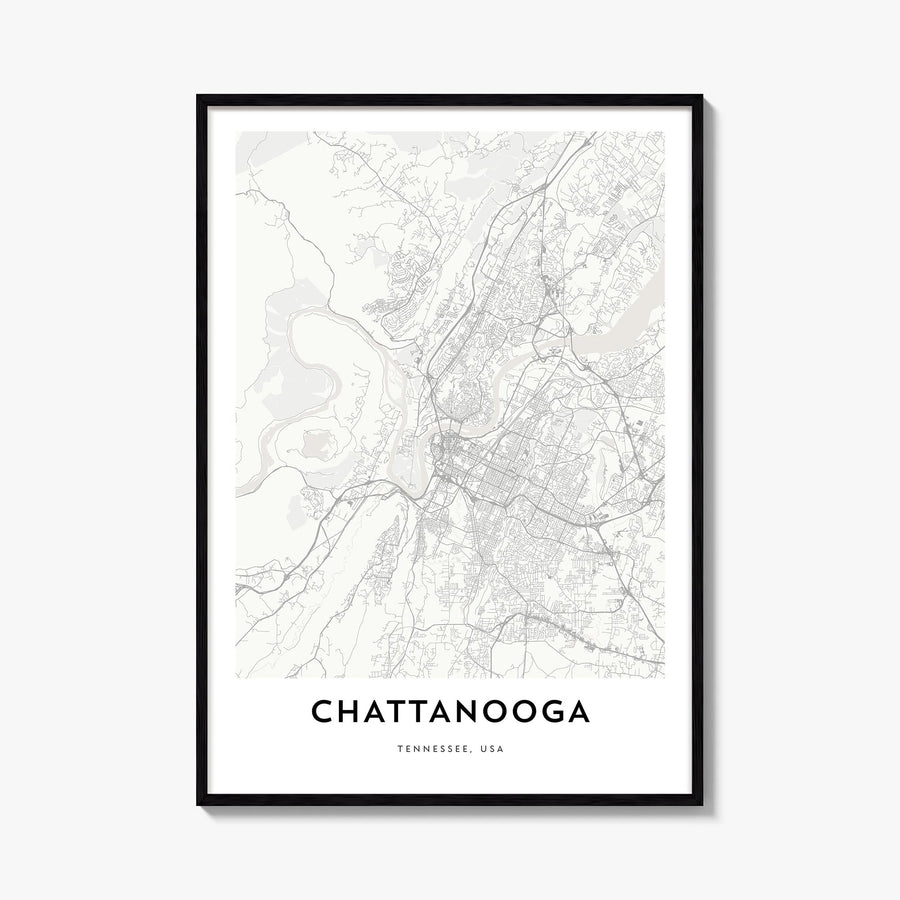 Chattanooga black & white map poster of Tennessee, USA – vertical wall art, unframed print shown in interior mockup