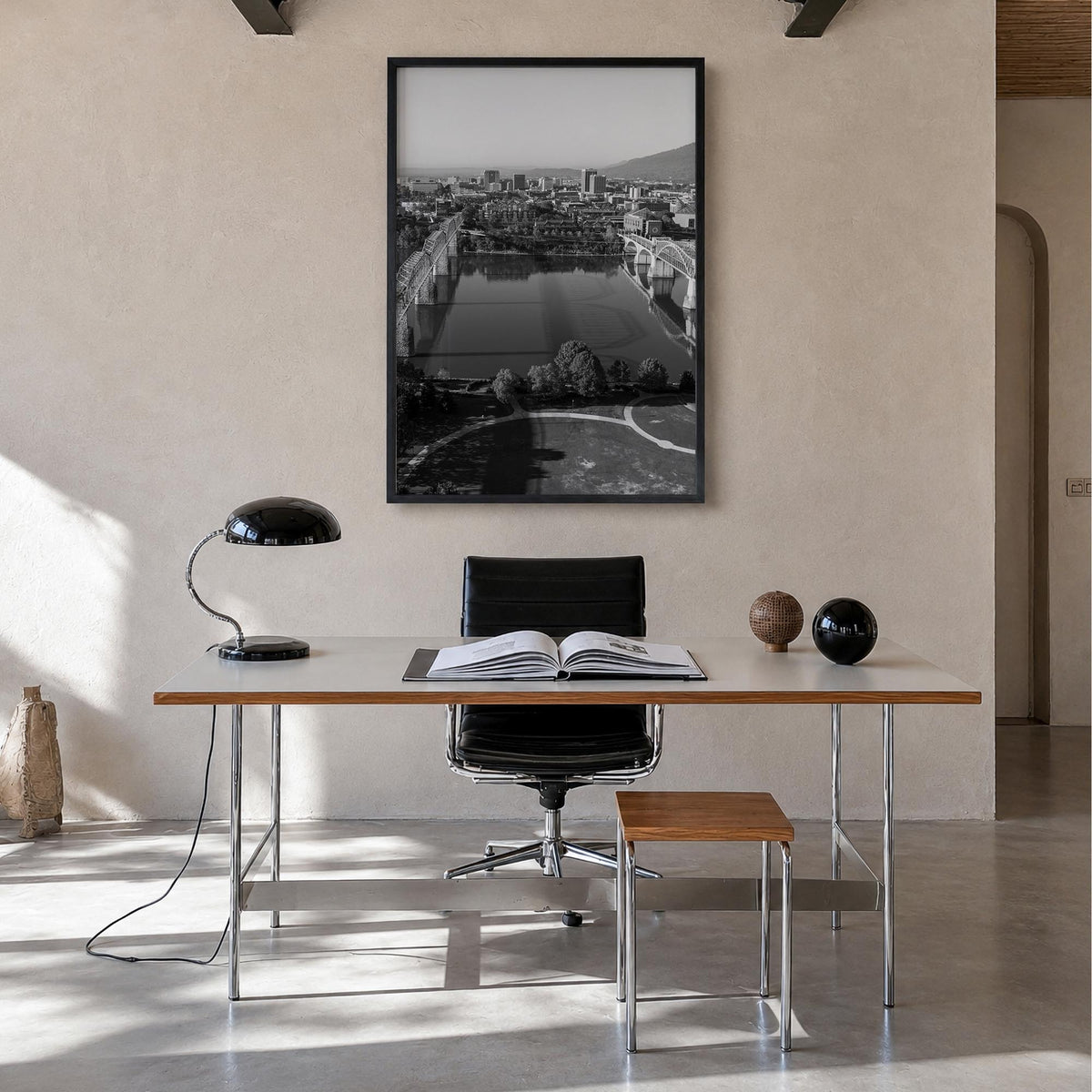 Chattanooga black & white photo poster of Tennessee, USA – vertical wall art in black wood frame, hanging on wall