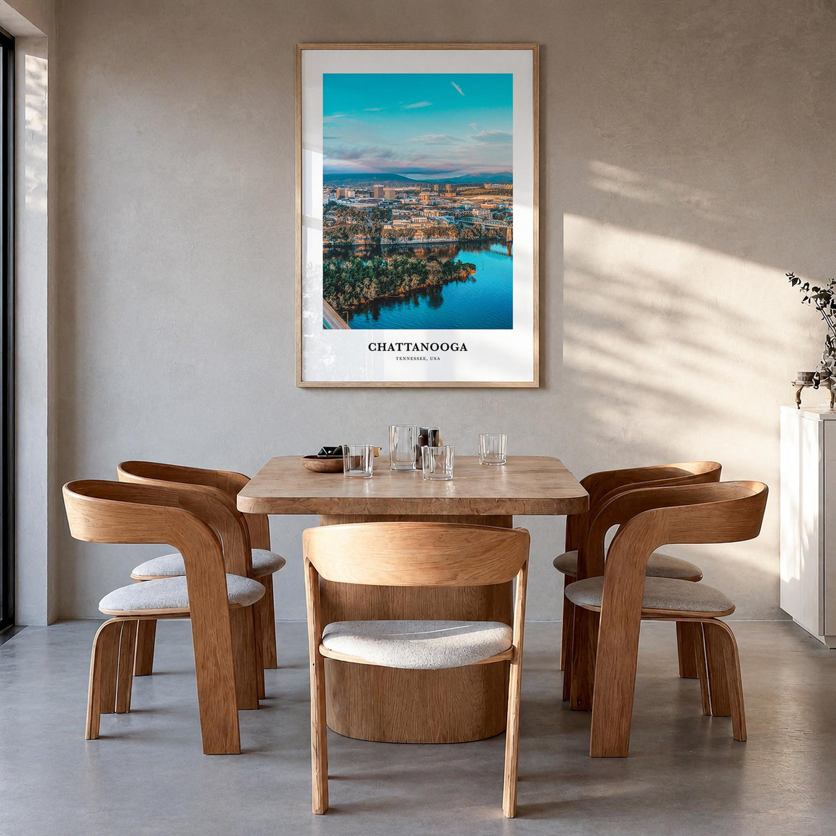 Chattanooga colorful classic poster of Tennessee, USA – vertical wall art in natural wood frame, hanging on wall