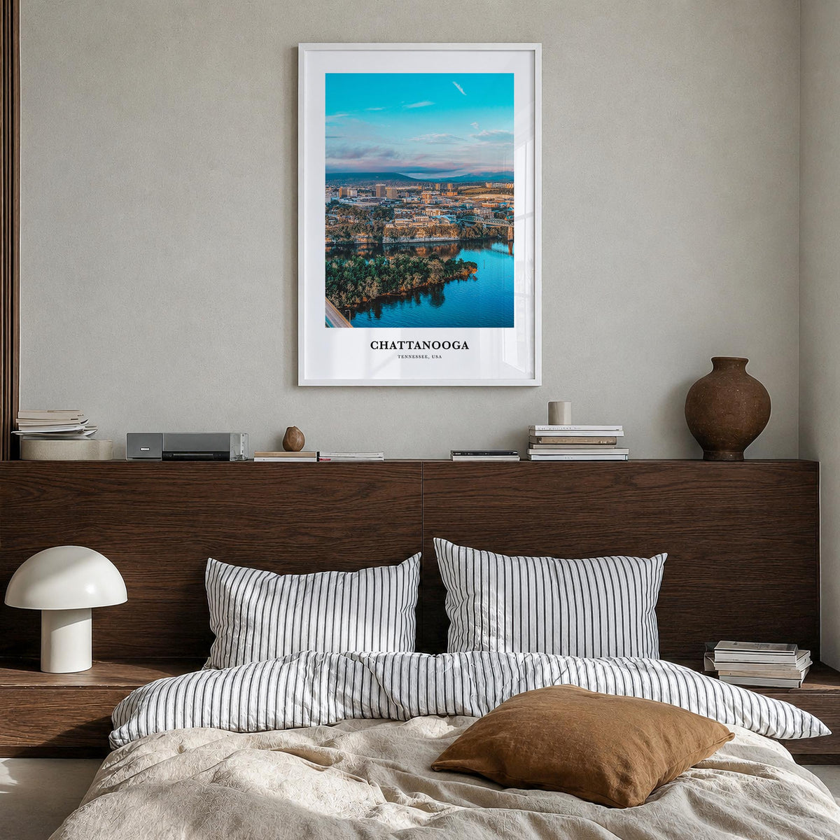 Chattanooga colorful classic poster of Tennessee, USA – vertical wall art in white wood frame, hanging on wall