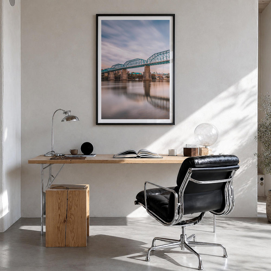 Chattanooga colorful photo poster of Tennessee, USA – vertical wall art in black wood frame with white border, hanging on wal