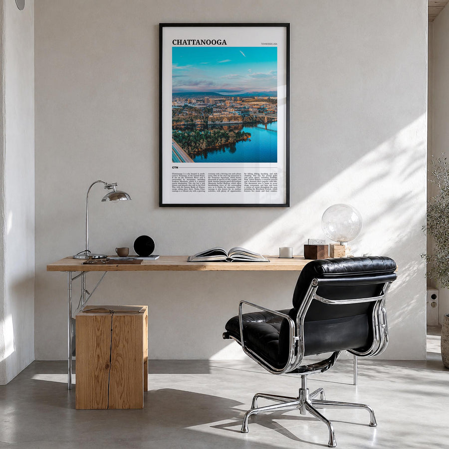 Chattanooga colorful travel poster of Tennessee, USA – vertical wall art in black wood frame, hanging on wall