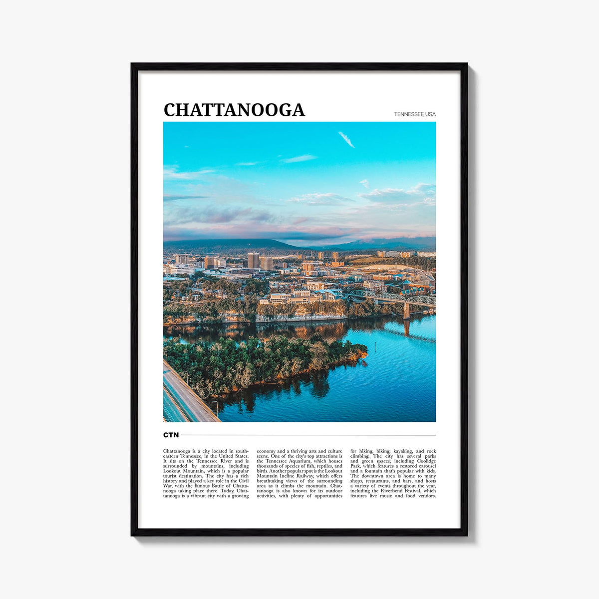 Chattanooga colorful travel poster of Tennessee, USA – vertical wall art, unframed print shown in interior mockup