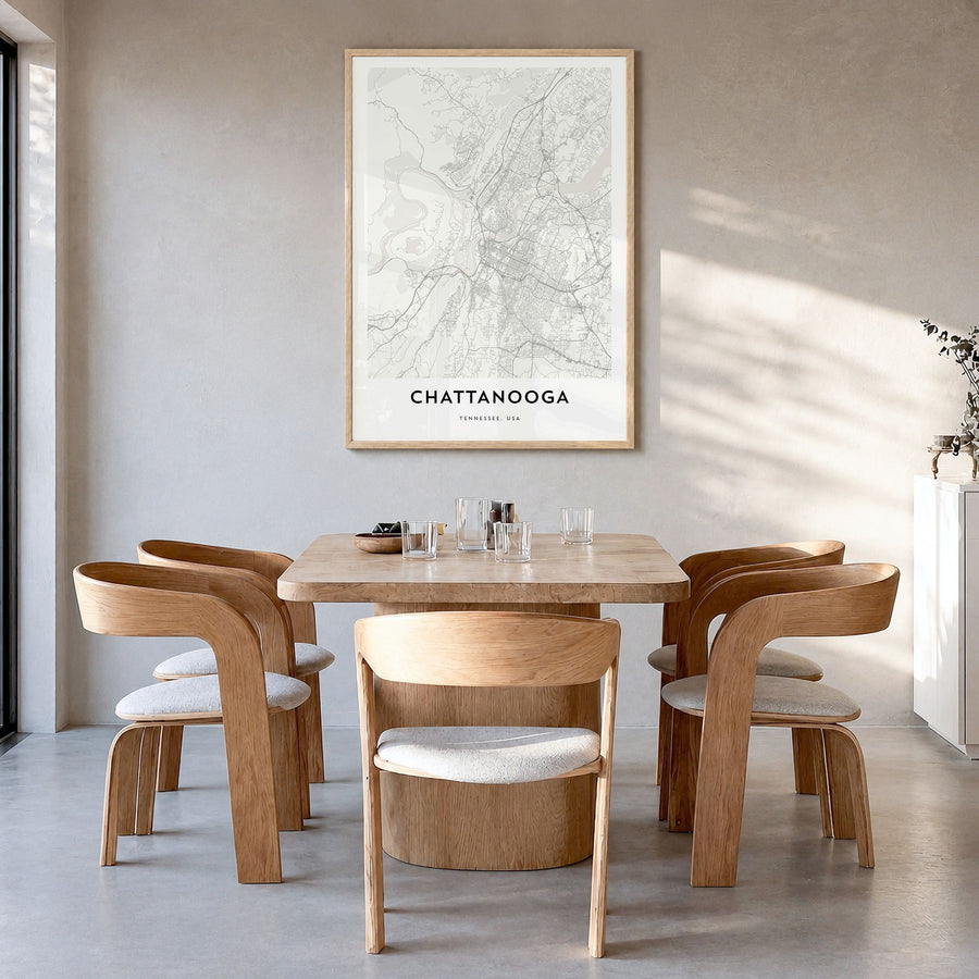 Chattanooga Map Poster in a natural wood frame, hanging in a dining room