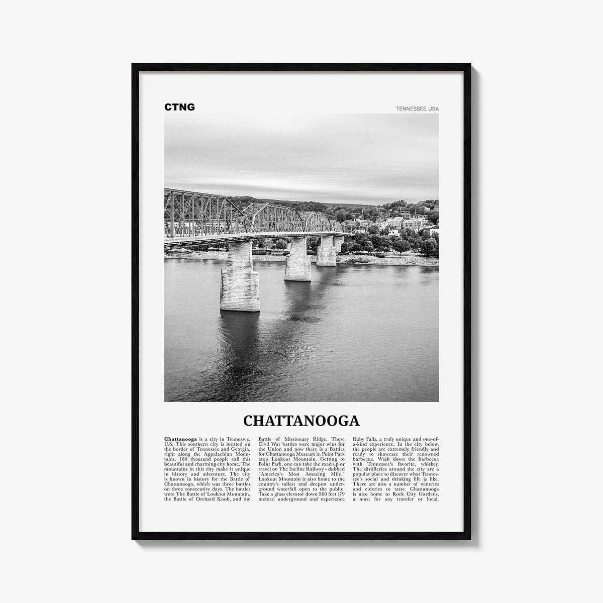 Chattanooga no. 2 black & white newspaper poster of Tennessee, USA – vertical wall art, unframed print shown in interior mock