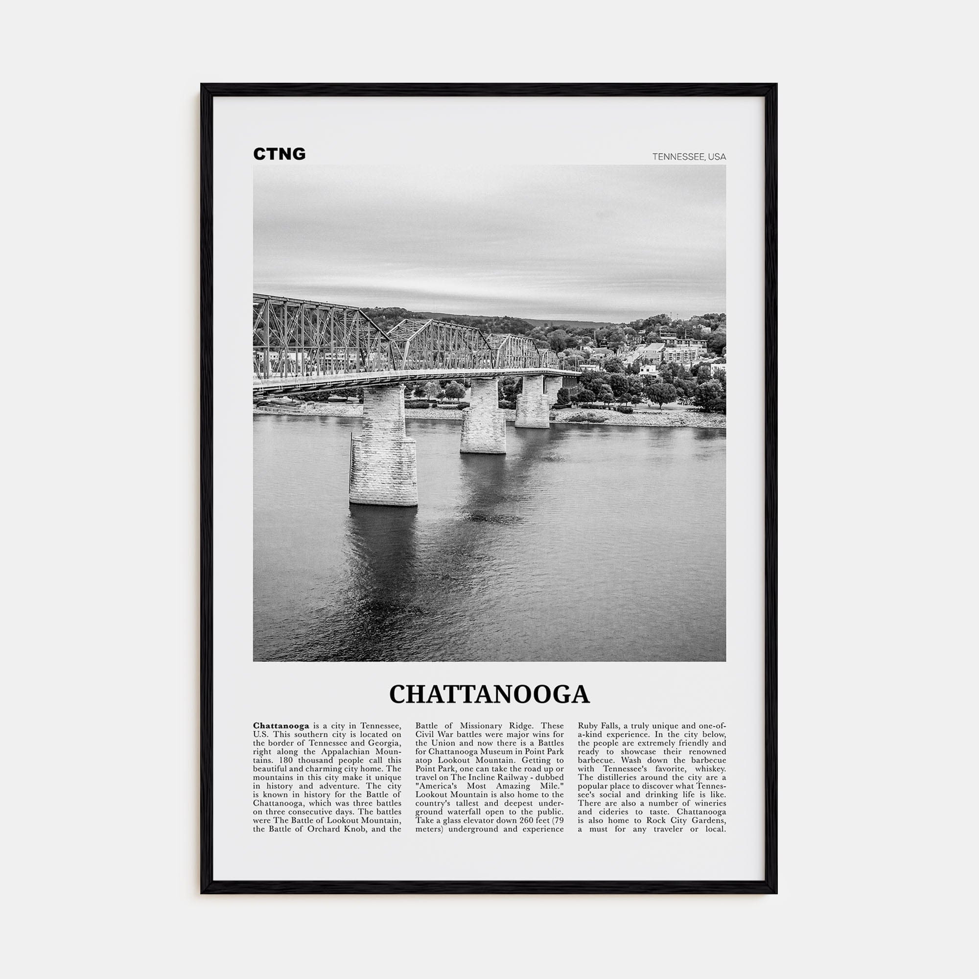 Chattanooga No 2 Poster Black Wood / 8x12 in Nbourhood Travel B&W Poster