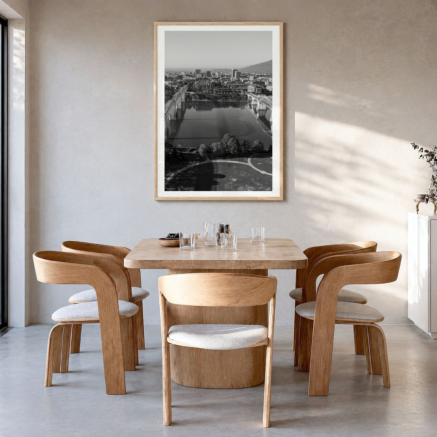 Chattanooga Photo Poster in a natural wood frame, hanging in a dining room, white border